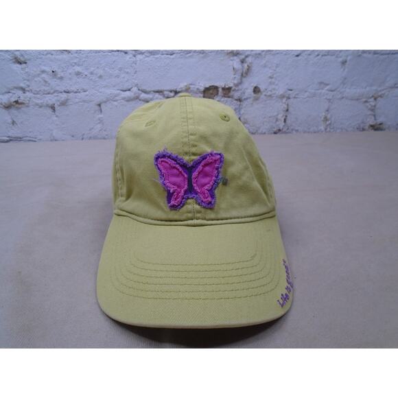 Life Is Good Pink Butterfly Embroidered Spell out Hat Olive Adjustable One Size - Picture 1 of 7